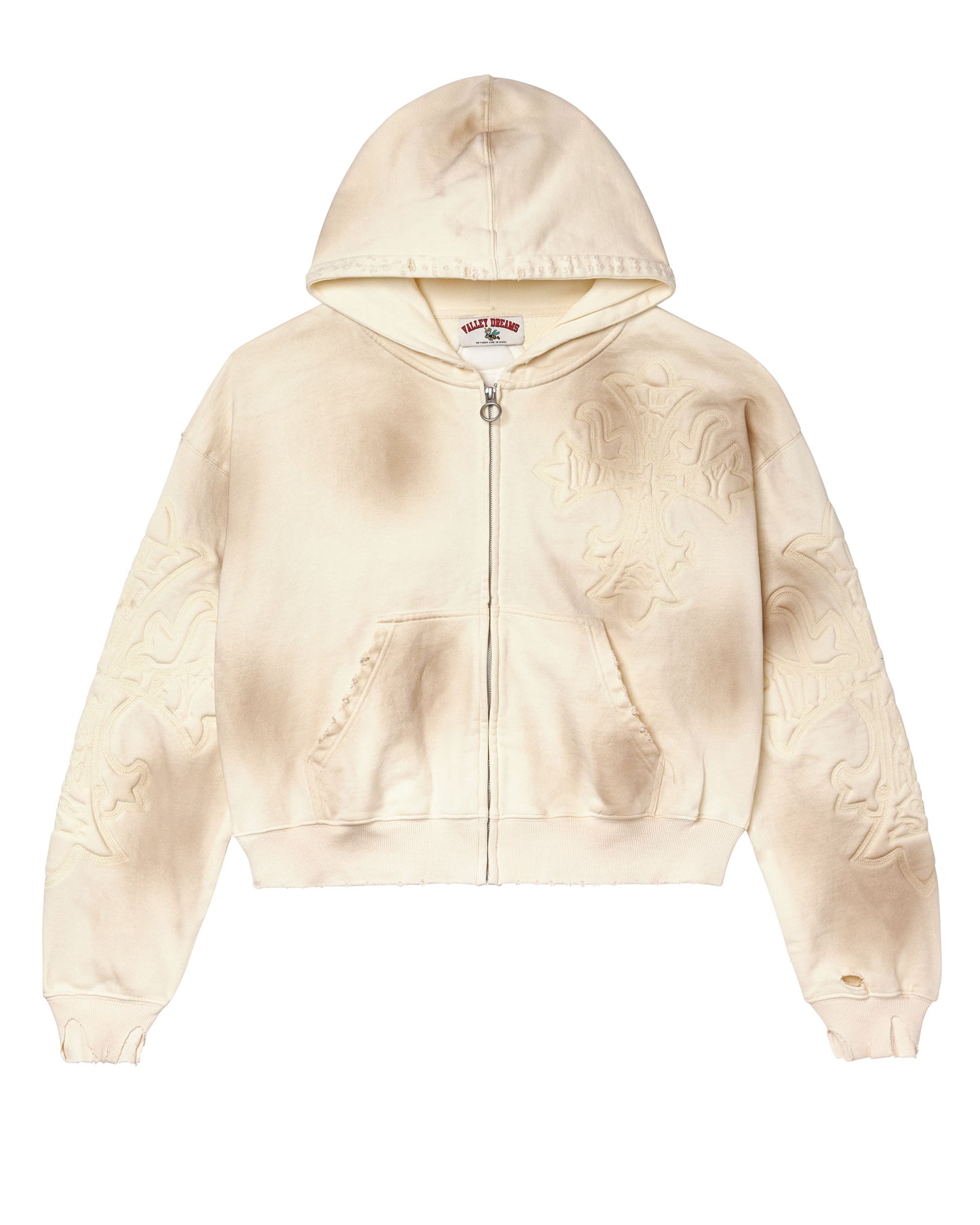 Beige washed zip up hoodie with a brand logo on the top right corner and the sleeves.