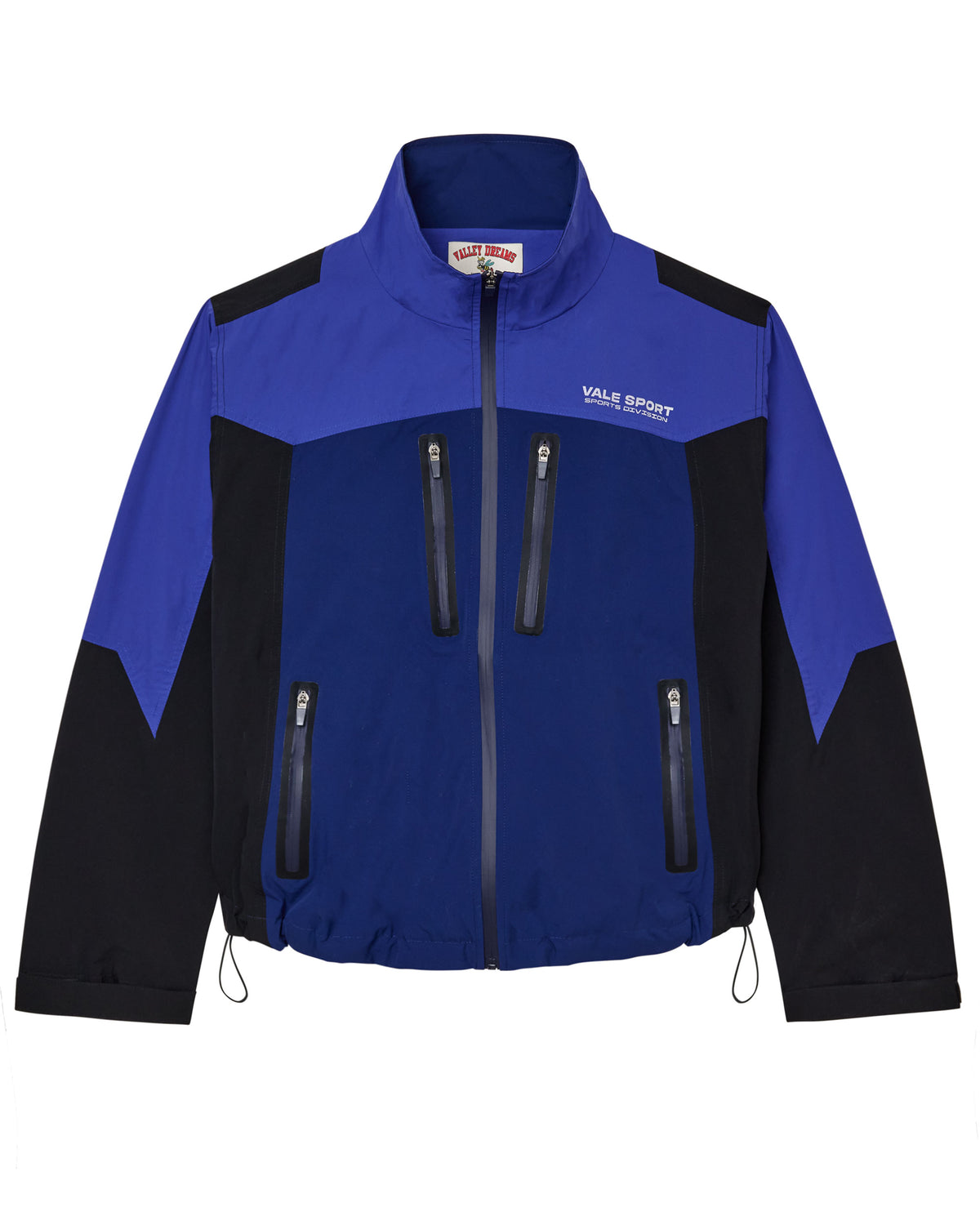Blue and black jacket with visible branding in white on the top right chest side. 
