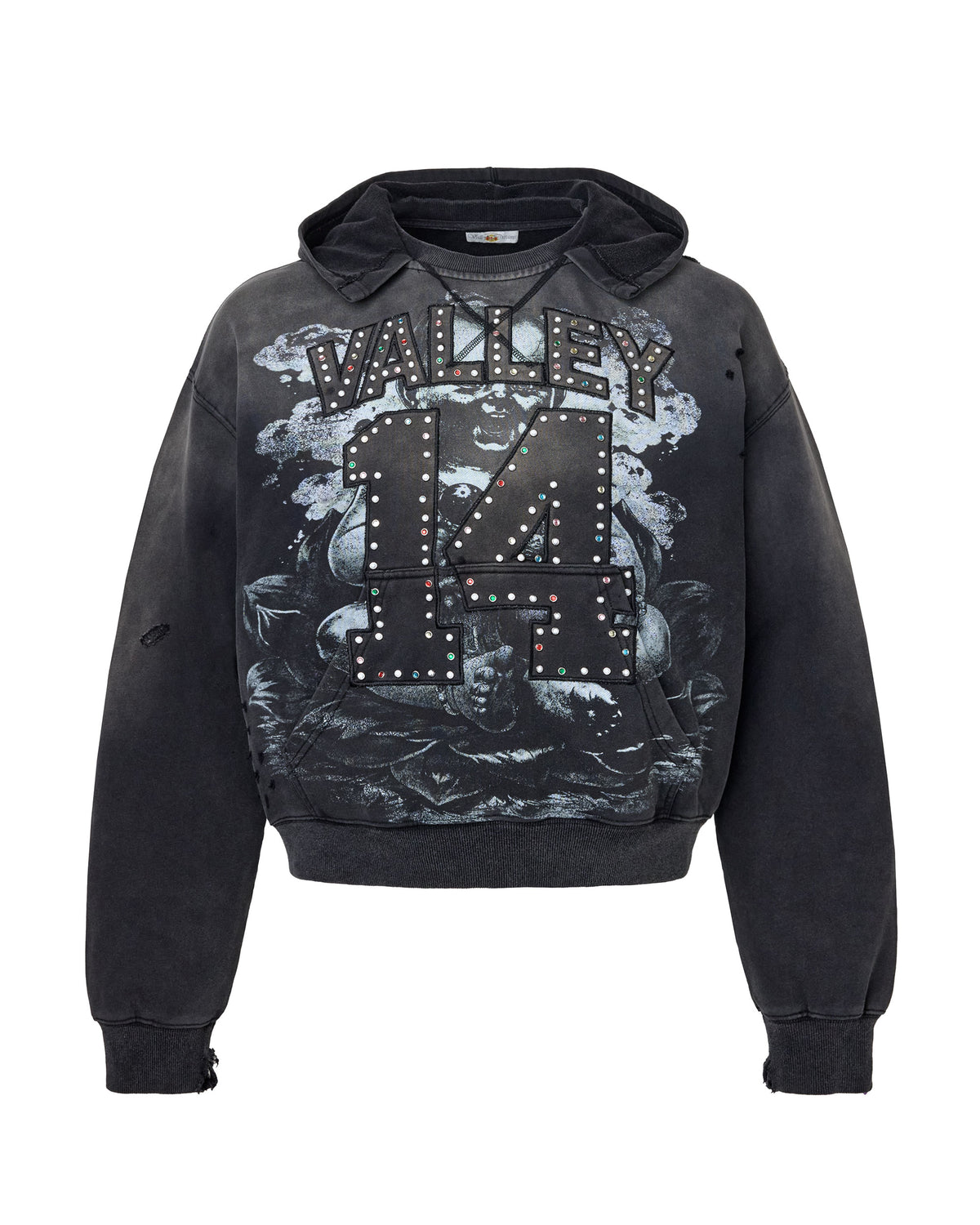 Black hoodie with graphic design and text 'Valley' and '14'. 