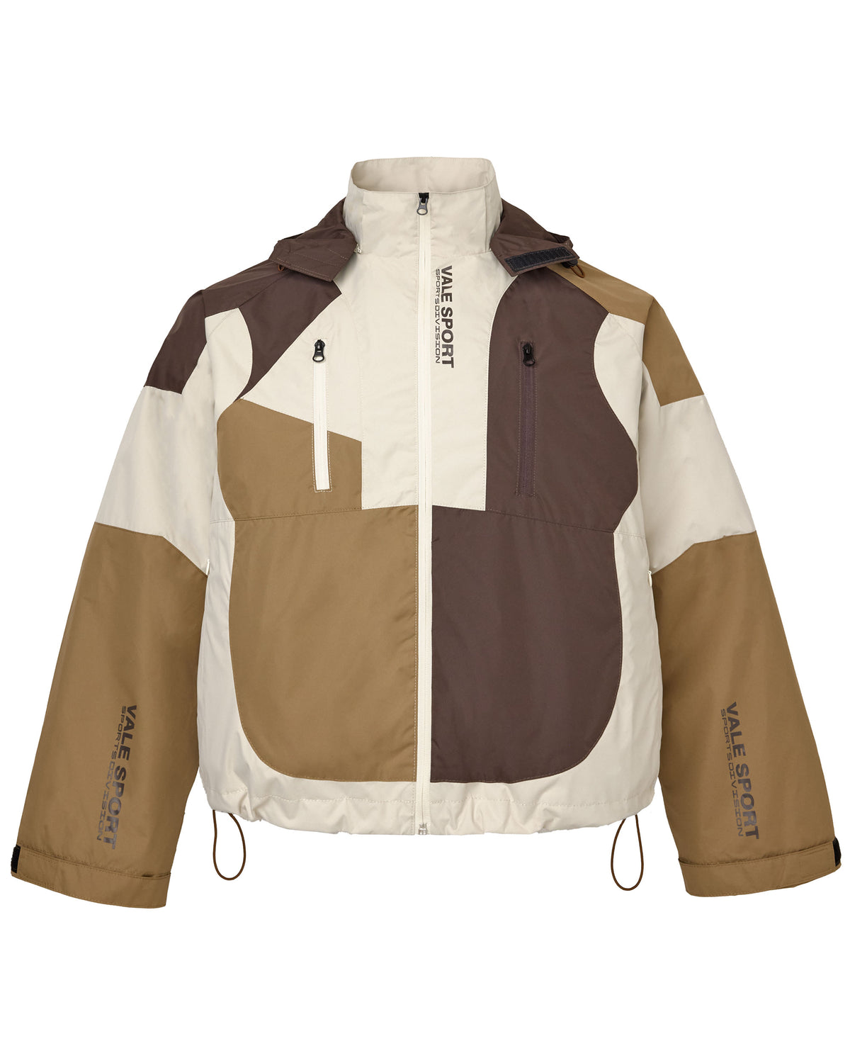 Multicolored jacket with brown, beige, and white sections with 'Vale Sport' branding by the zipper and sleeves 