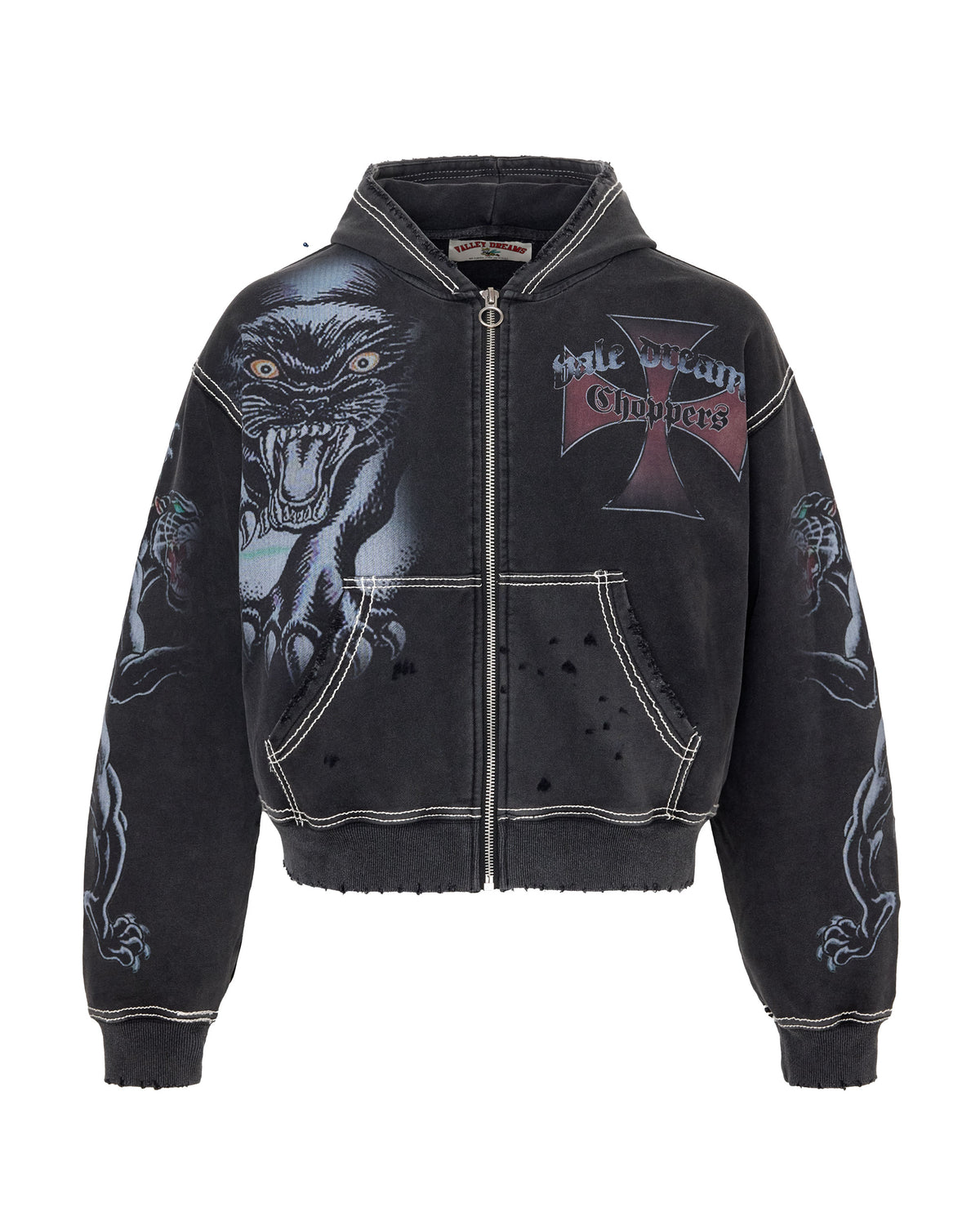 Black distressed zip up with graphic designs and branding on a white background