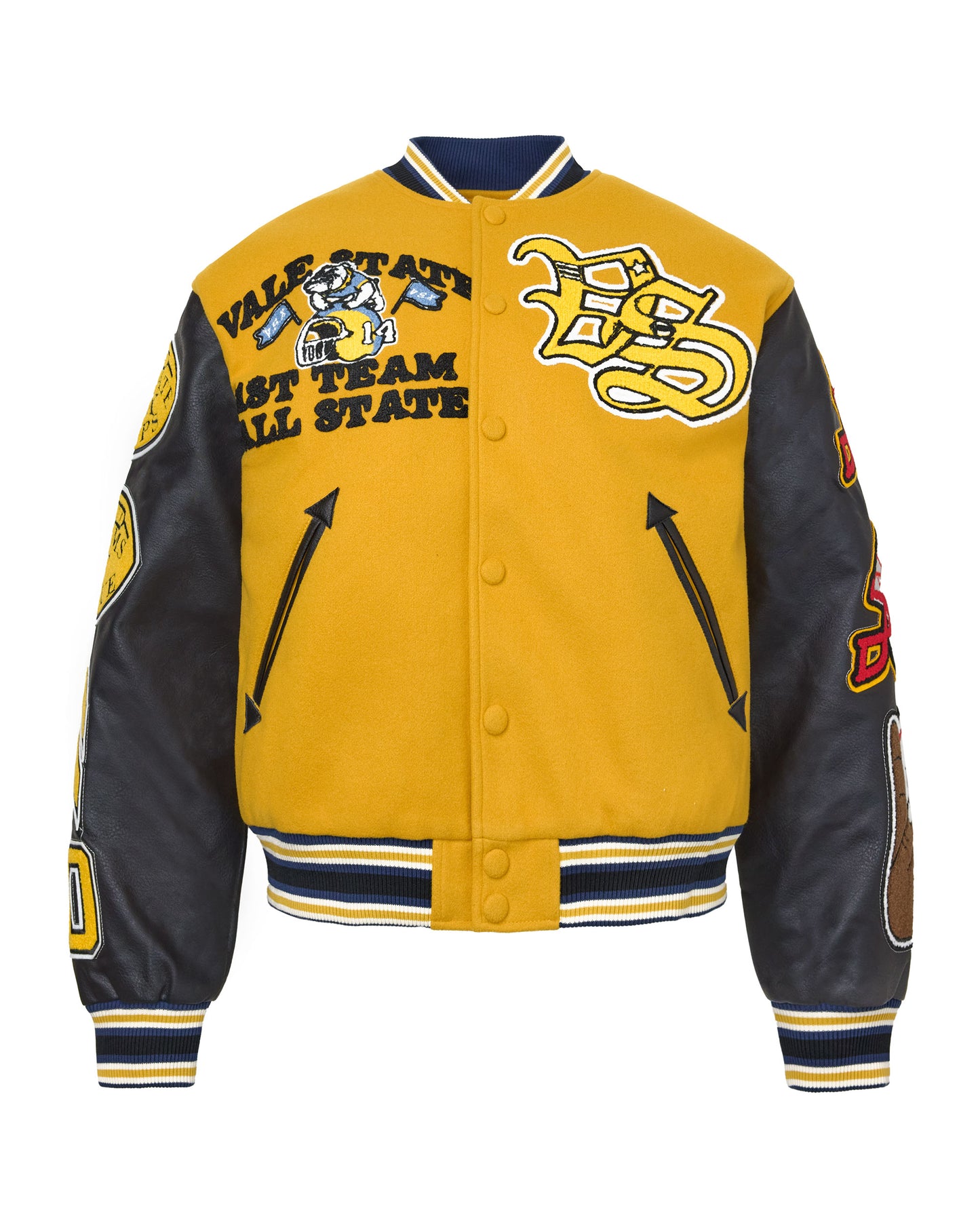 Yellow and black varsity jacket with 'Vale'  logos.