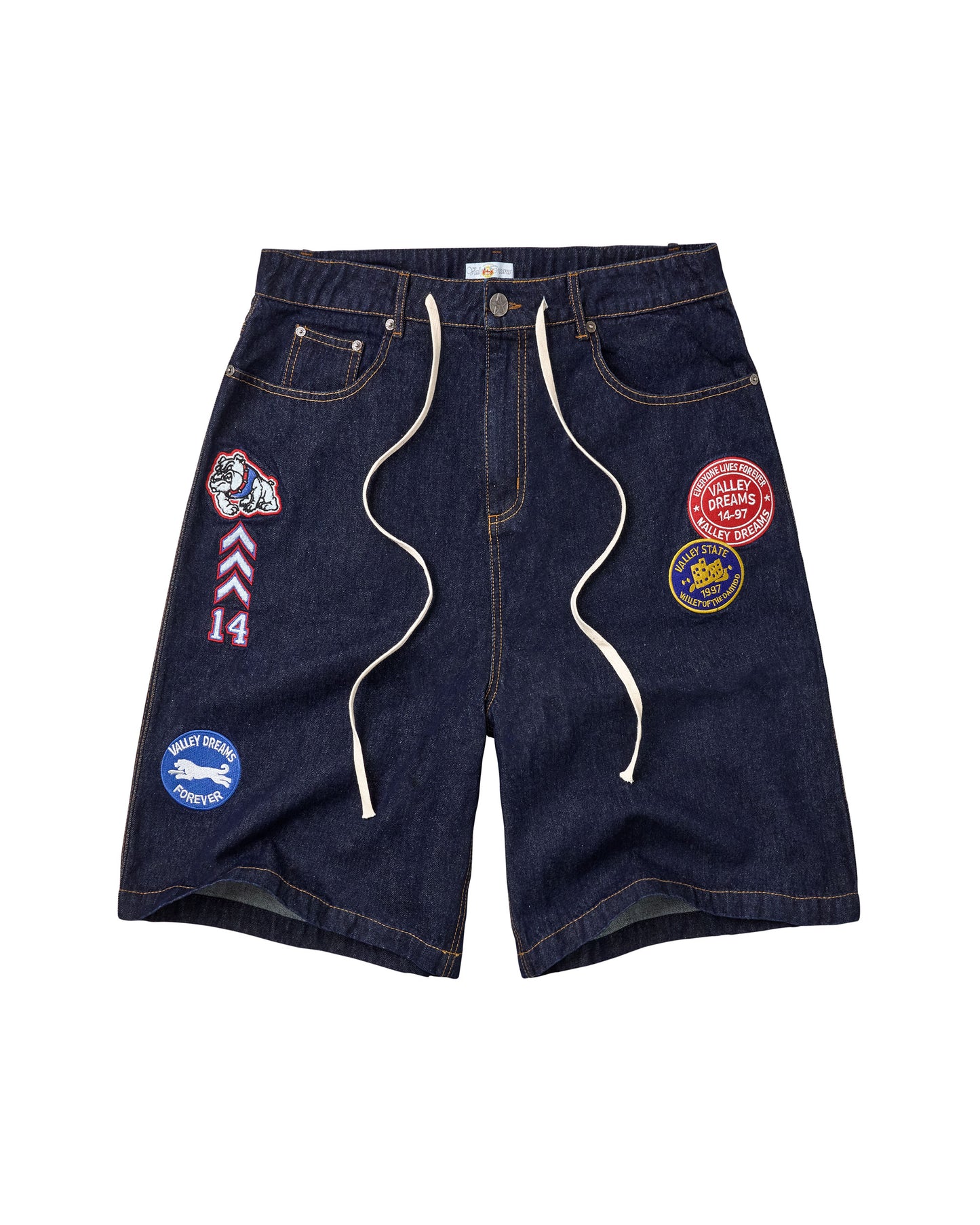 Dark blue denim shorts with a white drawstring, featuring multiple colorful embroidered patches on the front and sides, shown against a plain white background.