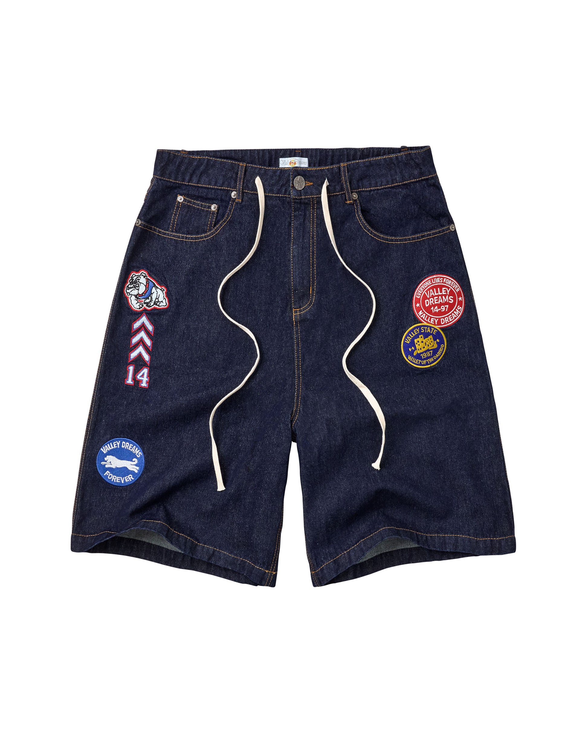Dark blue denim shorts with a white drawstring, featuring multiple colorful embroidered patches on the front and sides, shown against a plain white background.