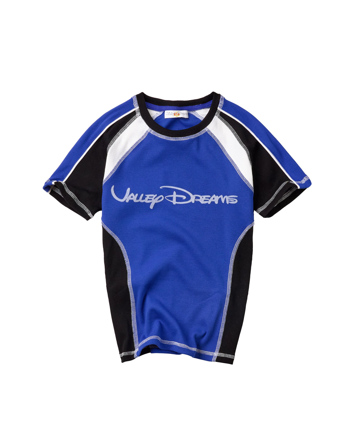 A short-sleeve athletic t-shirt in royal blue with black and white color-blocked panels on the sleeves and sides, featuring the text 'VALLEY DREAMS' in white script across the chest.