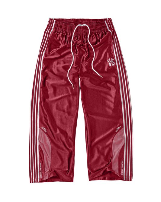 A pair of shiny burgundy athletic pants with white three-stripes down the sides, a white drawstring, and a white embroidered logo on the upper left thigh, shown against a plain white background.