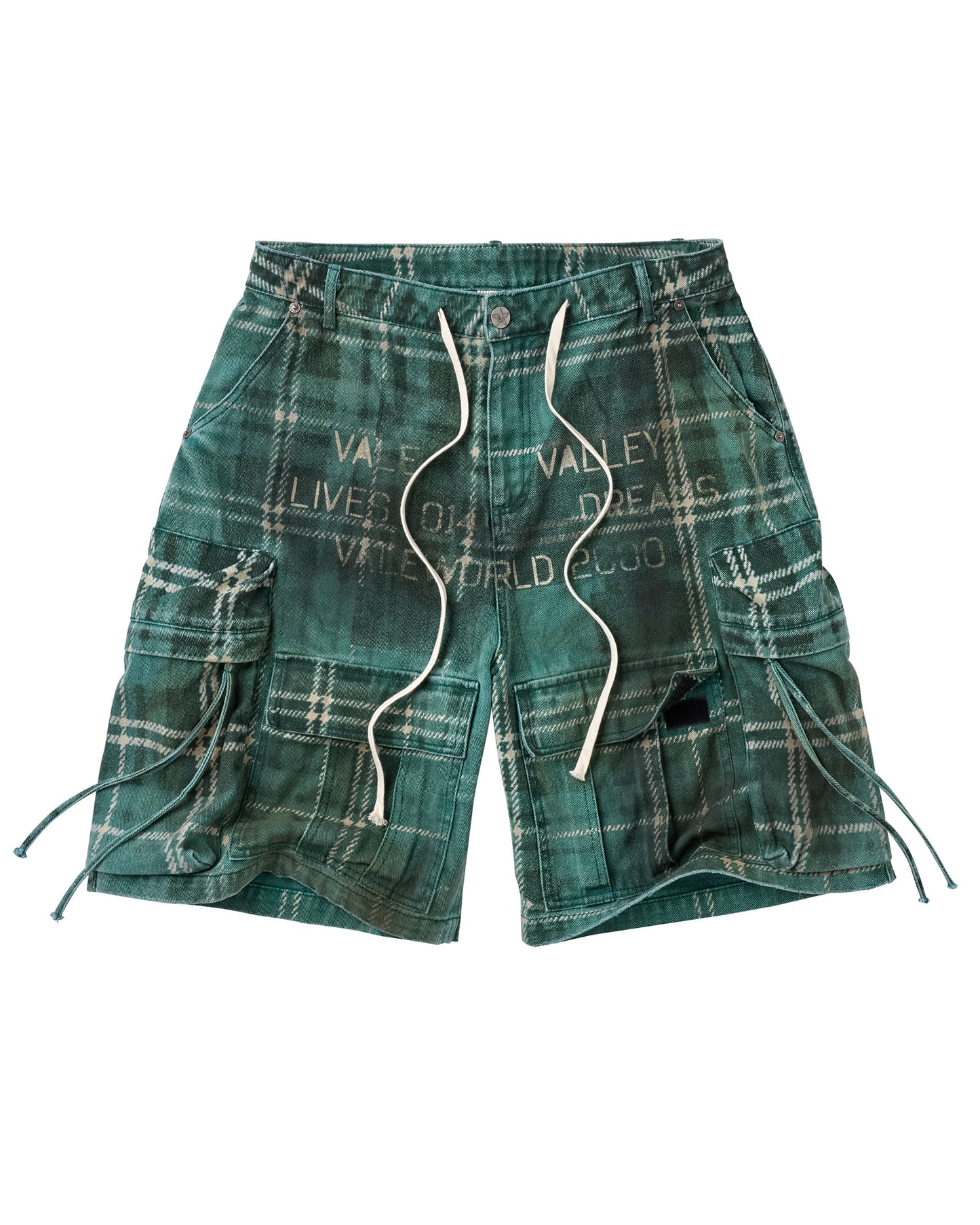 Green plaid cargo shorts with white drawstrings and white text reading 'VALLEY LIVES DREAMS WORLD' on the front, shown flat on a white background.