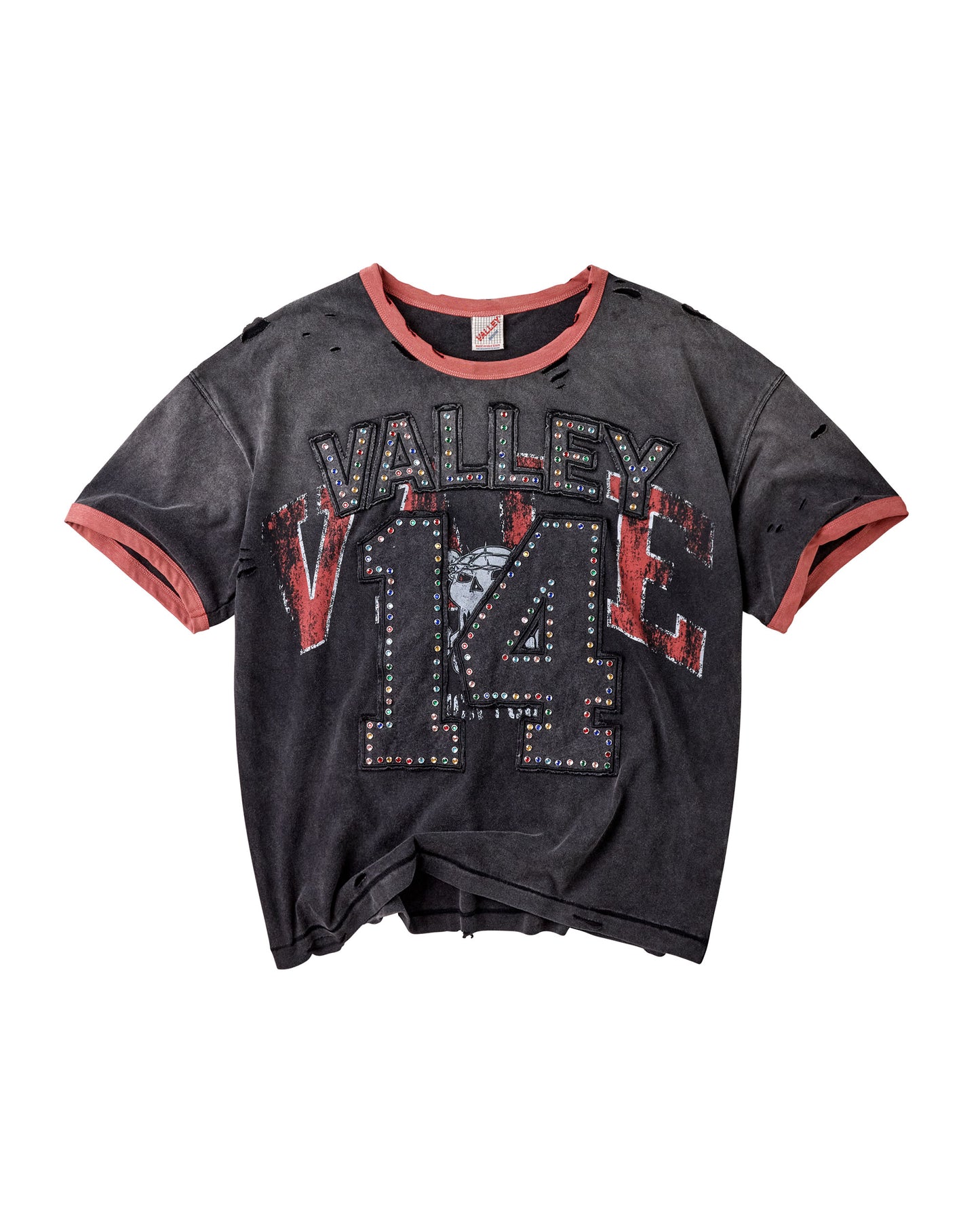 A distressed black ringer t-shirt with a washed finish, featuring 'VALLEY 14' embellished with rhinestones on the front, and contrasting faded red trim on the crew neck and sleeve cuffs.
