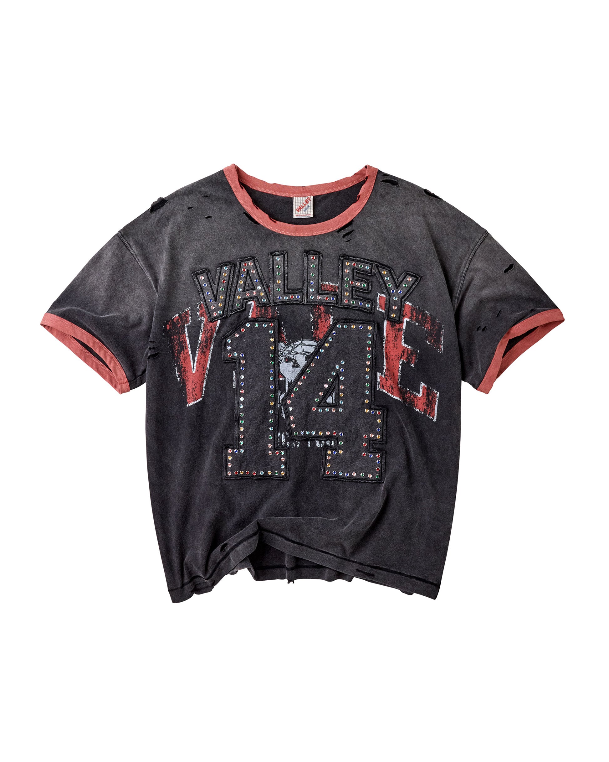A distressed black ringer t-shirt with a washed finish, featuring 'VALLEY 14' embellished with rhinestones on the front, and contrasting faded red trim on the crew neck and sleeve cuffs.