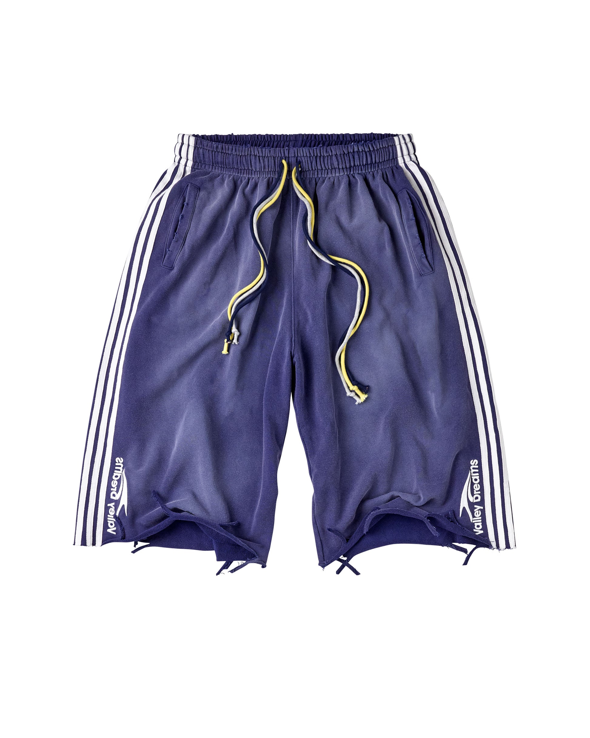 A pair of navy blue athletic shorts with white side stripes, a yellow drawstring, and white 'Valley Dreams' branding near the lower hems, shown against a plain white background.