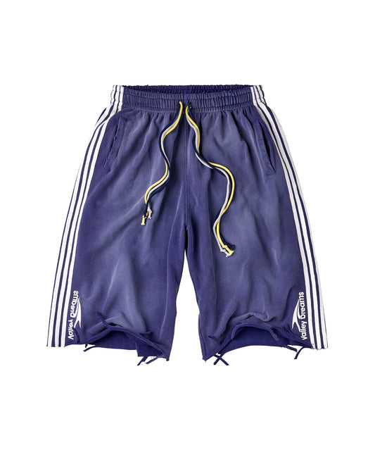 A pair of navy blue athletic shorts with white side stripes, a yellow drawstring, and white 'Valley Dreams' branding near the lower hems, shown against a plain white background.