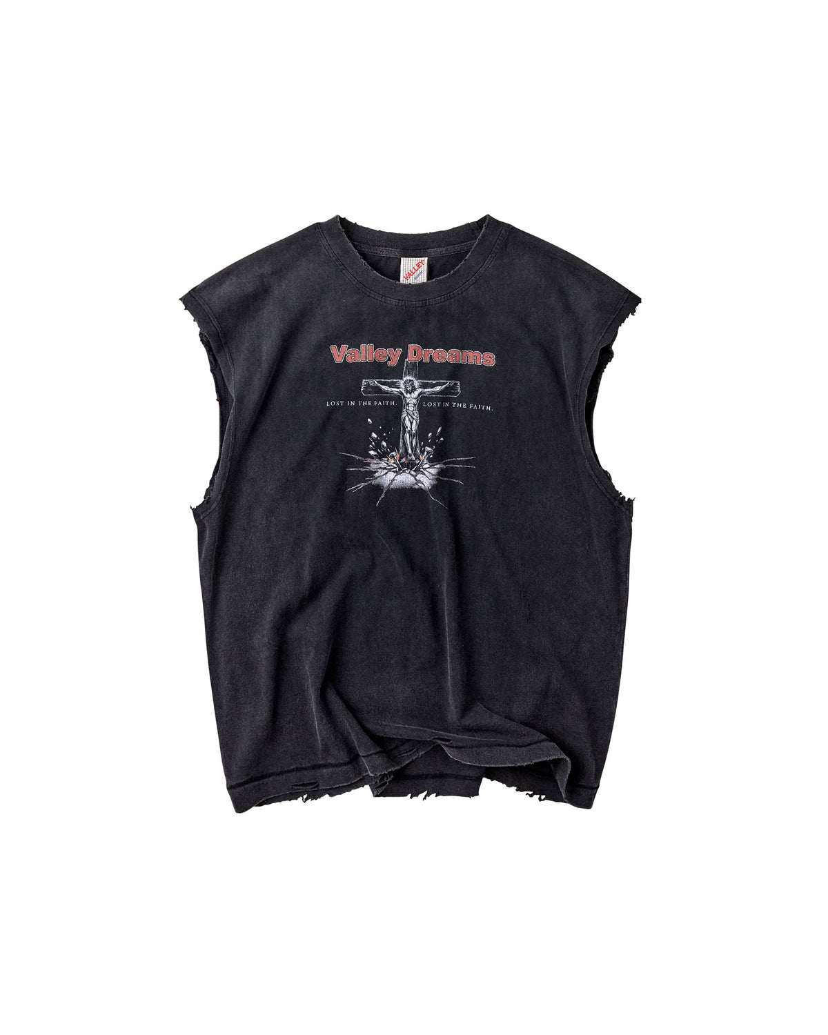 A black acid-washed sleeveless crop top with distressed frayed edges, featuring a white graphic of a crucifix and the text 'Valley Dreams' in red and white on the chest.