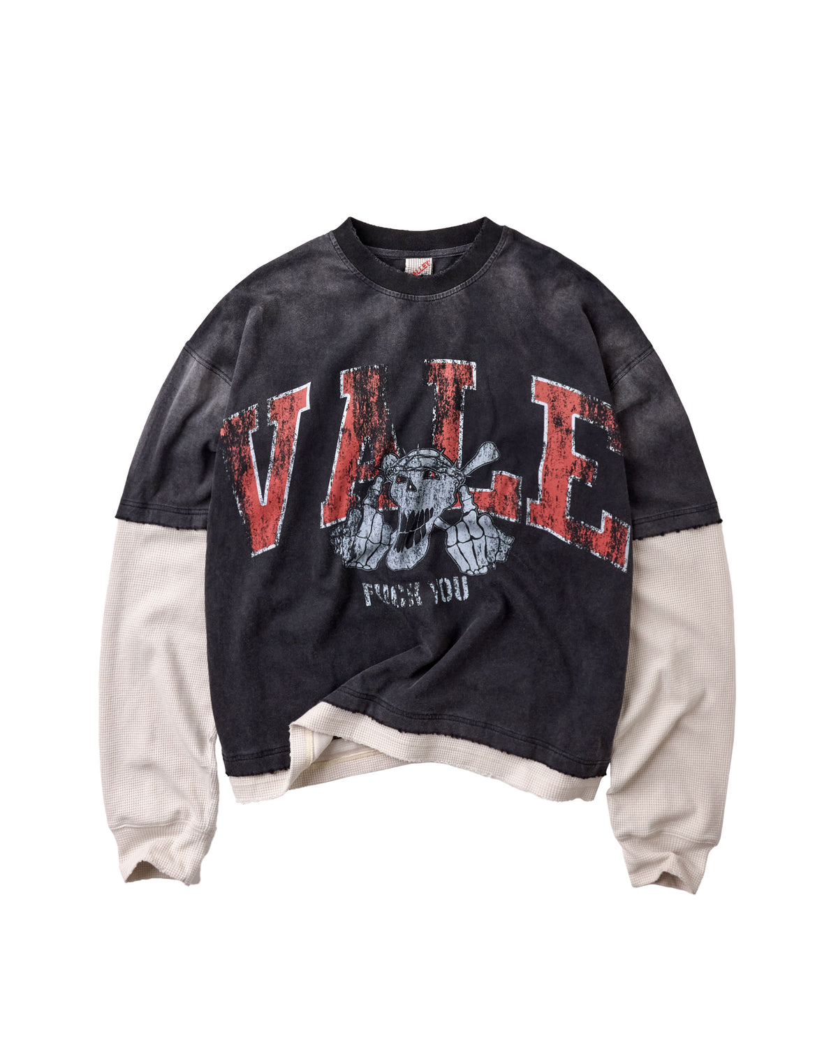 A long-sleeve graphic sweatshirt featuring a dark charcoal/black and beige color-blocked design. The front has a distressed red graphic reading 'VALE' with a skull head illustration and 'FUCK YOU' printed below it.