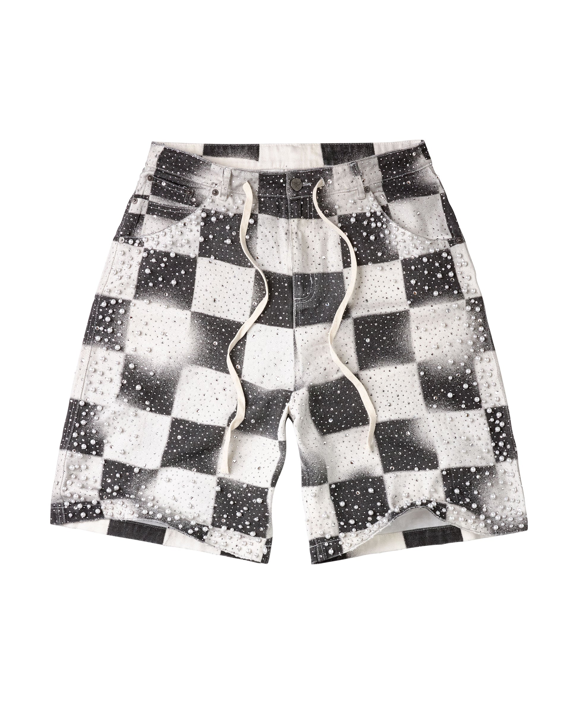 Black and white checkerboard patterned shorts with a white drawstring, and white pearls embellishments. 