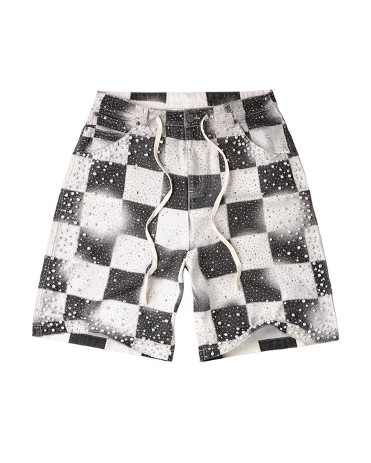 Black and white checkerboard patterned shorts with a white drawstring, and white pearls embellishments. 
