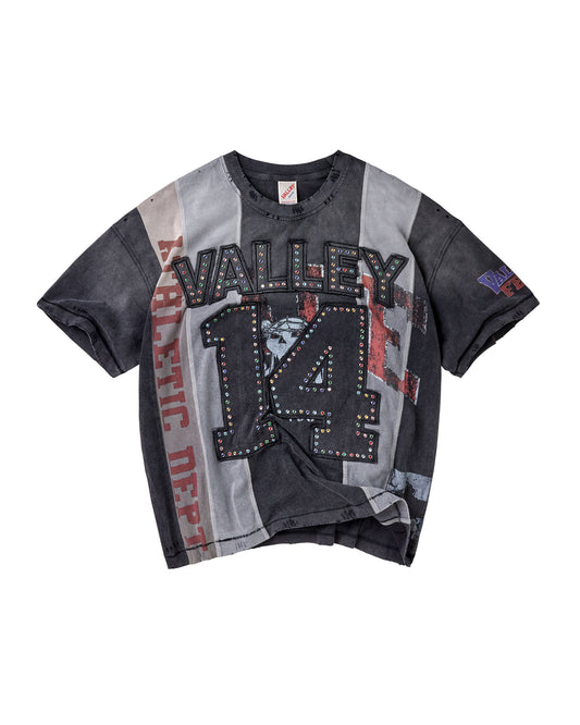 A washed black and gray graphic t-shirt featuring 'VALLEY 14' in a studded font on the front, with vertical gray and red stripes and distressed details.