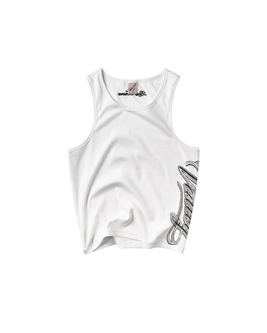 A white sleeveless tank top with a black cursive graphic print on the lower right side and a small brand label inside the collar.