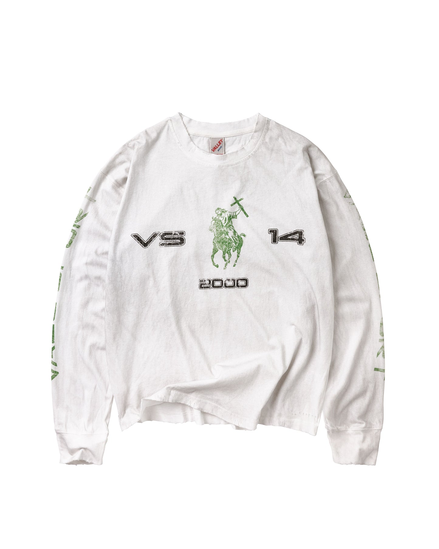 A white long-sleeve t-shirt with a vintage-style graphic print on the front featuring a green Jesus on a horse, 'VS 14 2000' text, and green distressed graphics on the sleeves, laid flat against a white background.