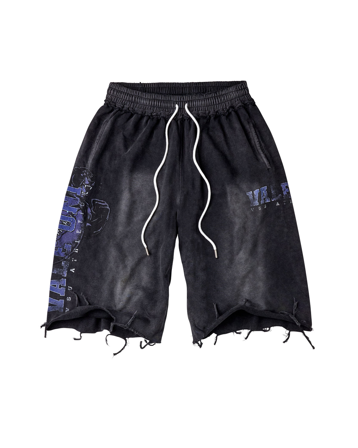 Distressed black denim shorts with a white drawstring, featuring blue graphic text prints on the sides.