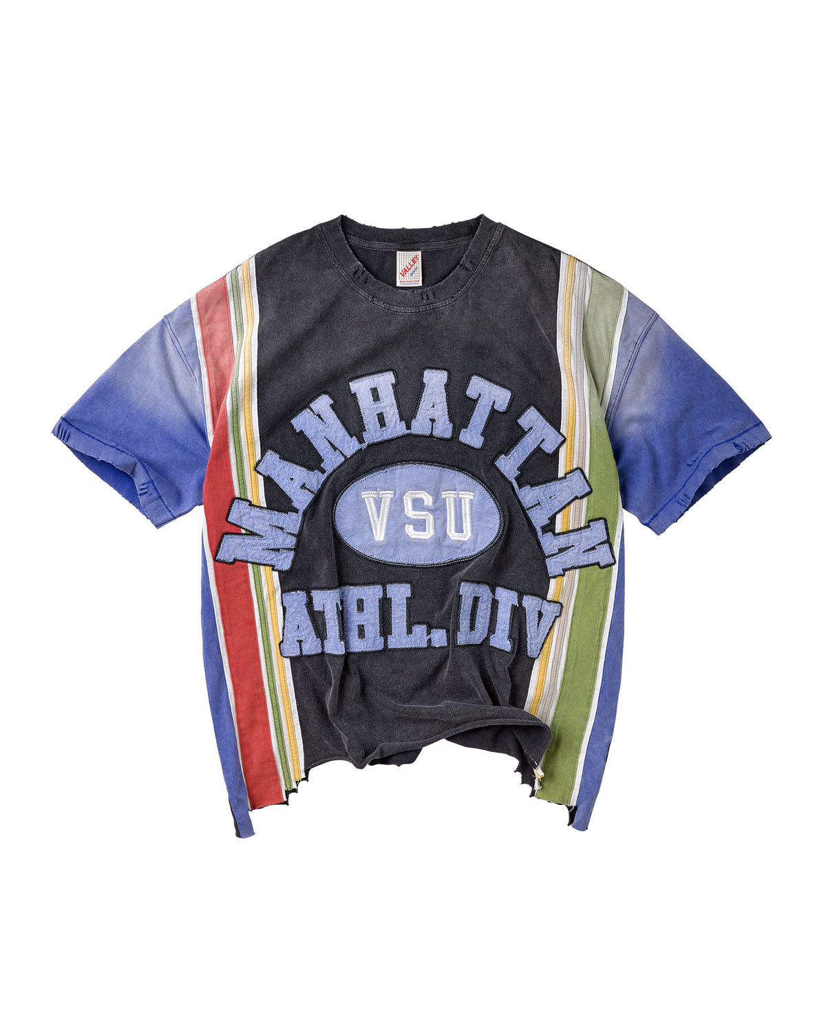 A distressed short-sleeve t-shirt featuring a faded black center with 'MANHATTAN VSU ATHL. DIV' printed in blue, flanked by vertical multicolor stripes in red, yellow, green, and blue on the sleeves and sides.