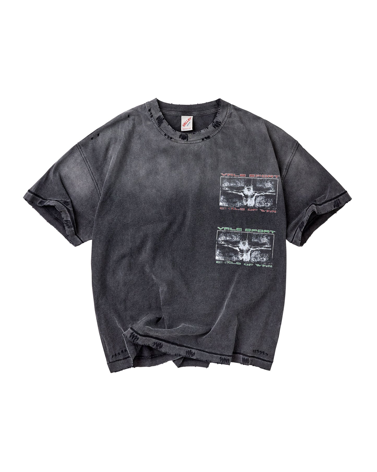 A washed black graphic t-shirt with distressed details, featuring two stacked rectangular album-style prints on the front, laid flat against a white background.