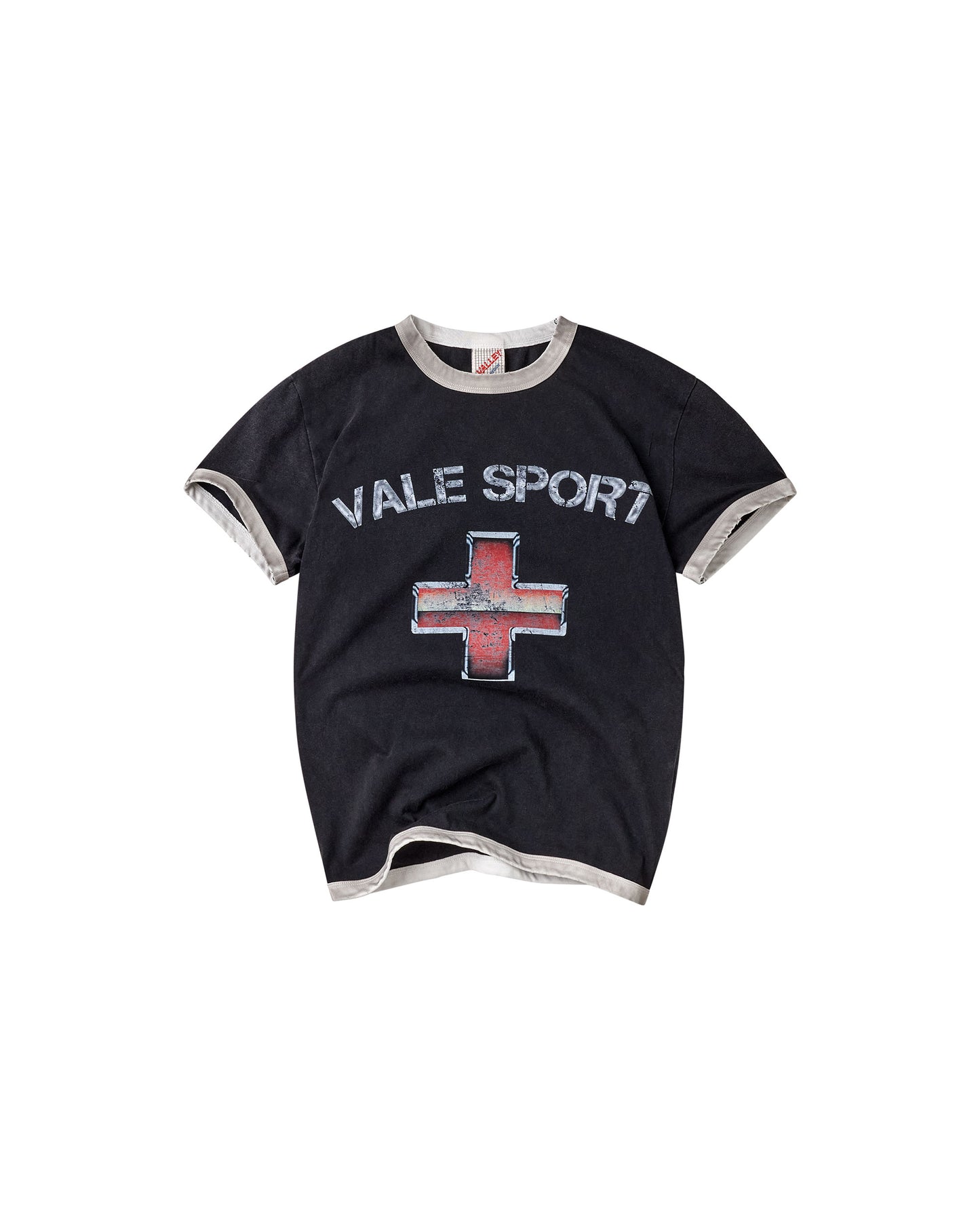 A black ringer t-shirt with gray ribbed trim on the collar, cuffs, and hem, featuring 'VALE SPORT' in white text and a red and gray cross graphic on the front.