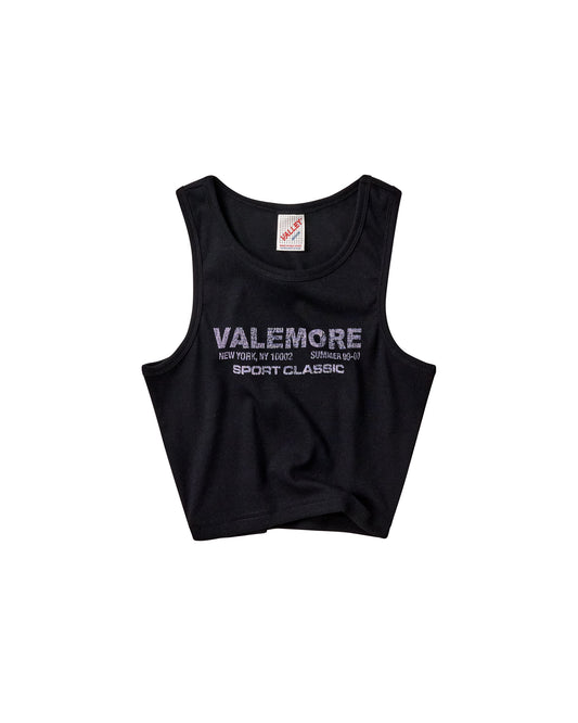 A black sleeveless tank top with 'VALEMORE' and 'SPORT CLASSIC' printed in white on the front, displayed flat against a plain white background.