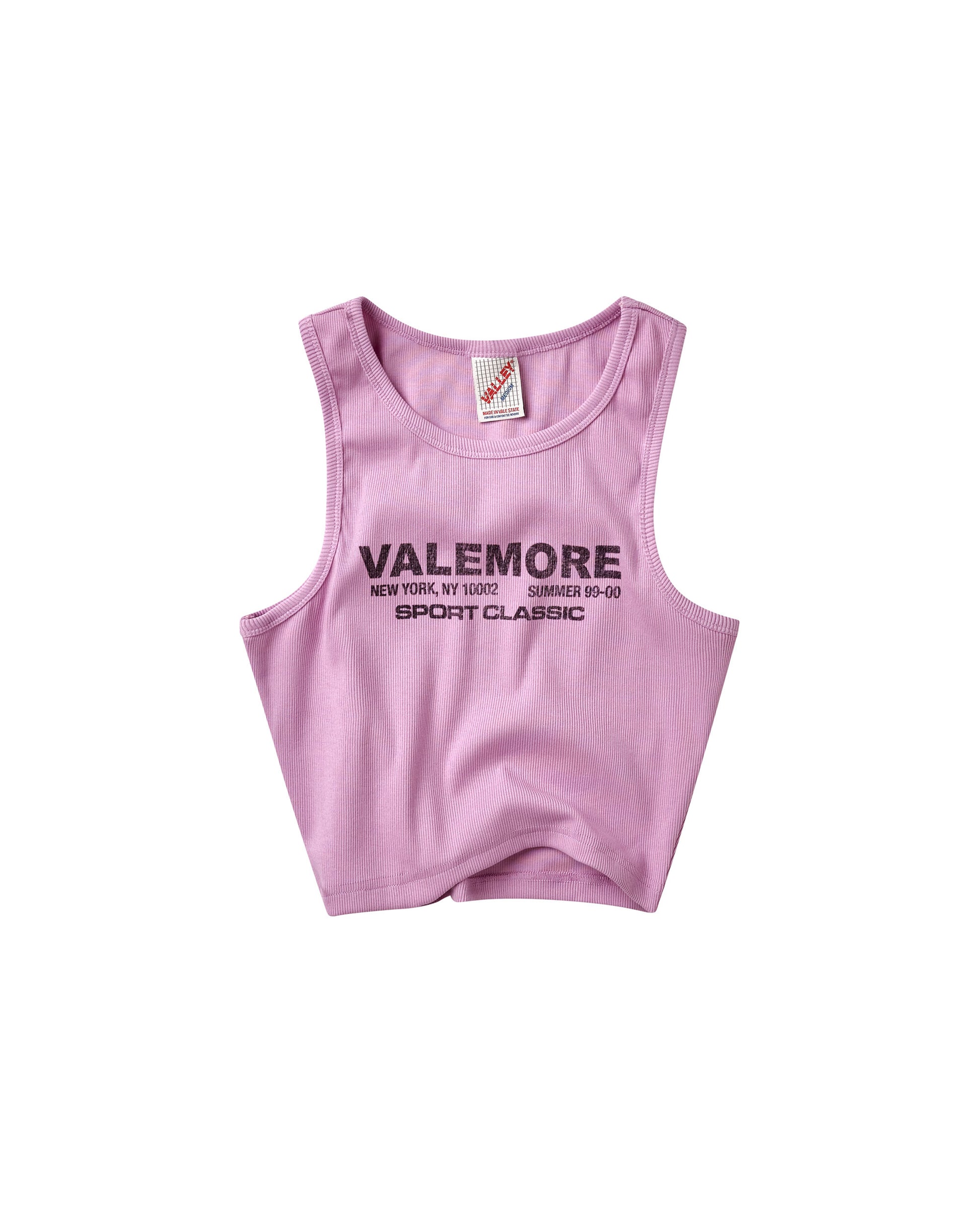 A light pink sleeveless tank top with 'VALEMORE SPORT CLASSIC' printed in black across the chest, displayed flat against a solid white background.