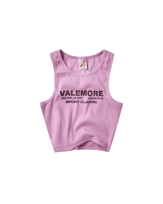 A light pink sleeveless tank top with 'VALEMORE SPORT CLASSIC' printed in black across the chest, displayed flat against a solid white background.