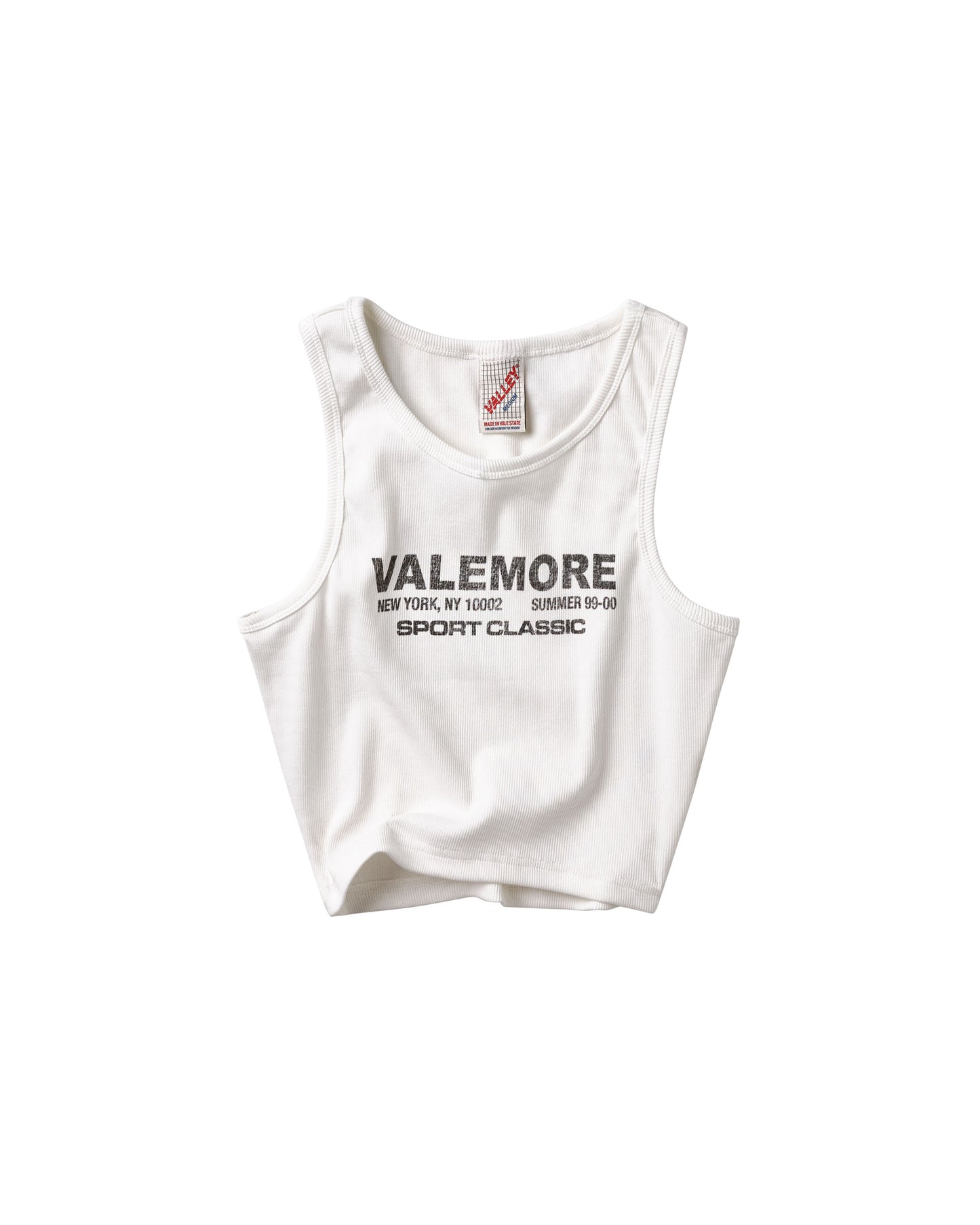 A white sleeveless tank top with 'VALEMORE SPORT CLASSIC' printed in black across the chest, displayed flat against a solid white background.