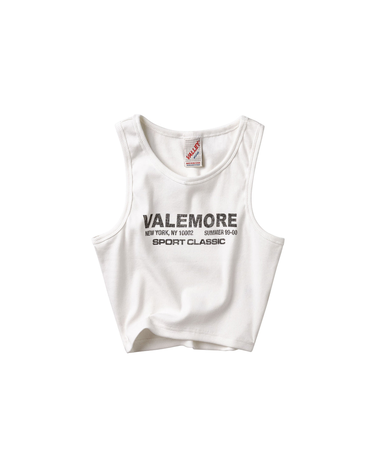 A white sleeveless tank top with 'VALEMORE SPORT CLASSIC' printed in black across the chest, displayed flat against a solid white background.