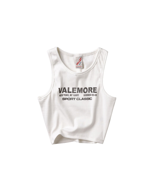 A white sleeveless tank top with 'VALEMORE SPORT CLASSIC' printed in black across the chest, displayed flat against a solid white background.