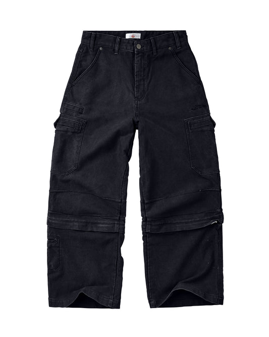 Black cargo pants with multiple utility pockets and a button closure, shown flat against a white background.