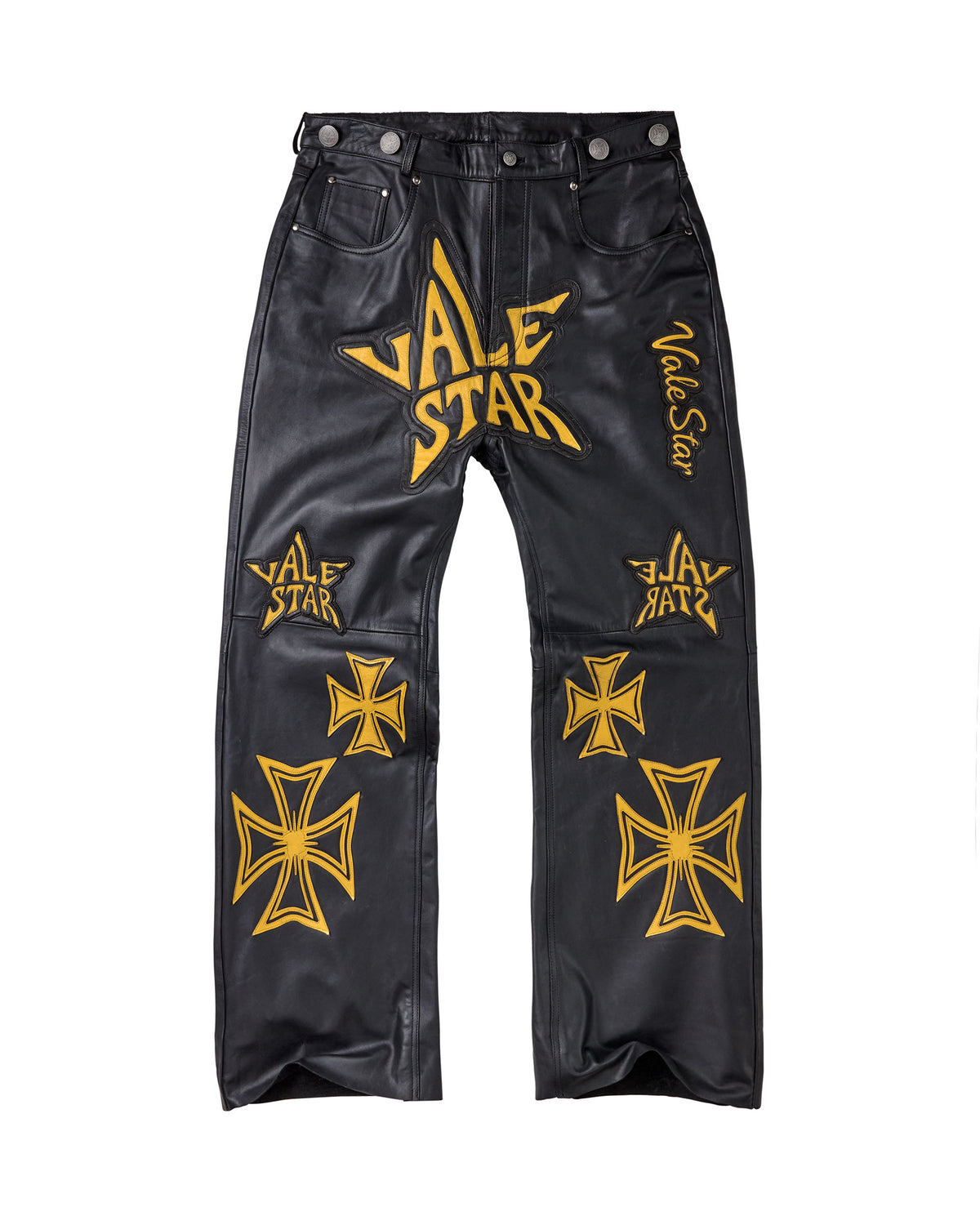 Black leather pants featuring yellow 'Vale Star' graphics with Iron Cross motifs.