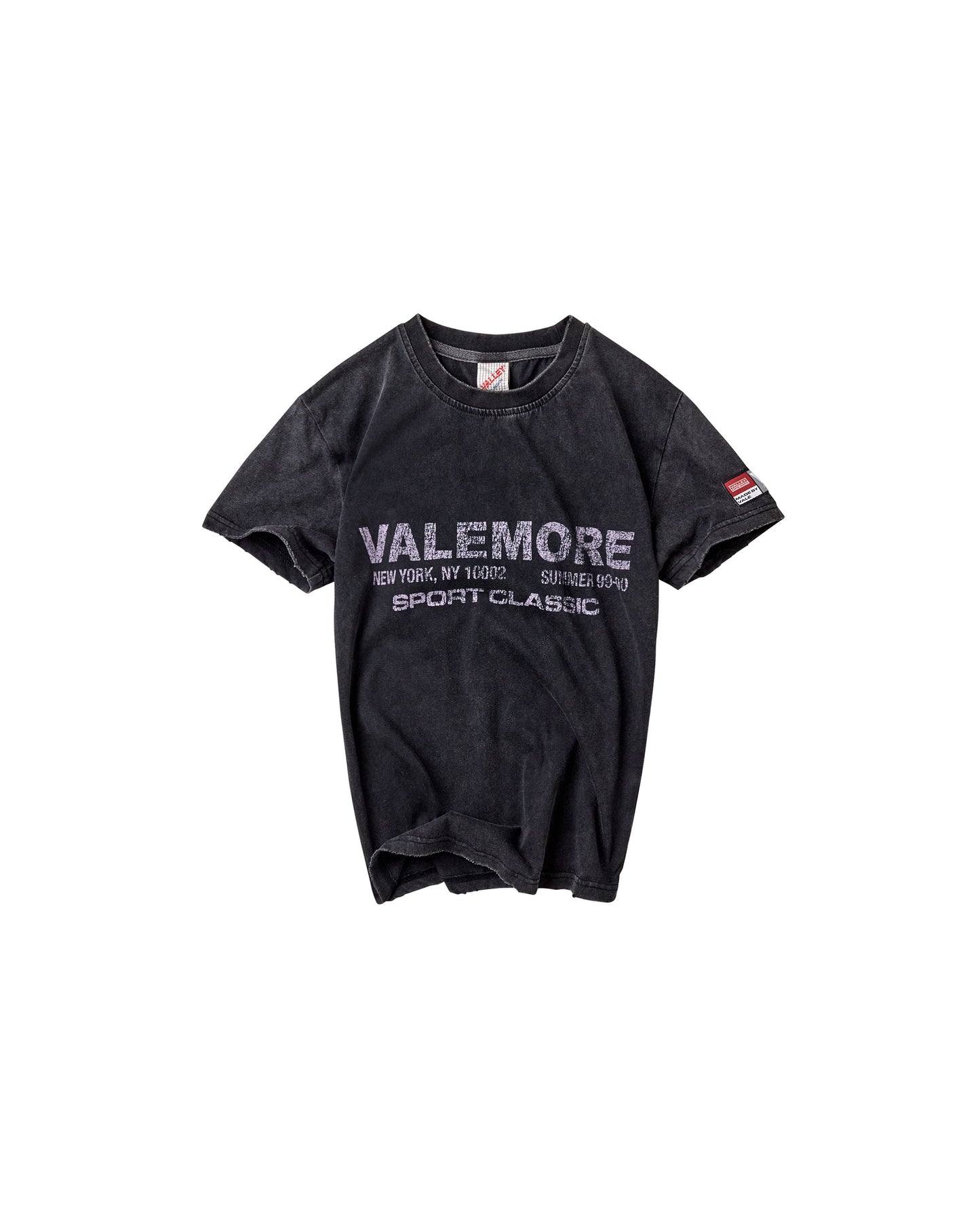 A faded black short-sleeve t-shirt with 'VALEMORE SPORT CLASSIC' printed in white across the chest, displayed flat against a solid white background.
