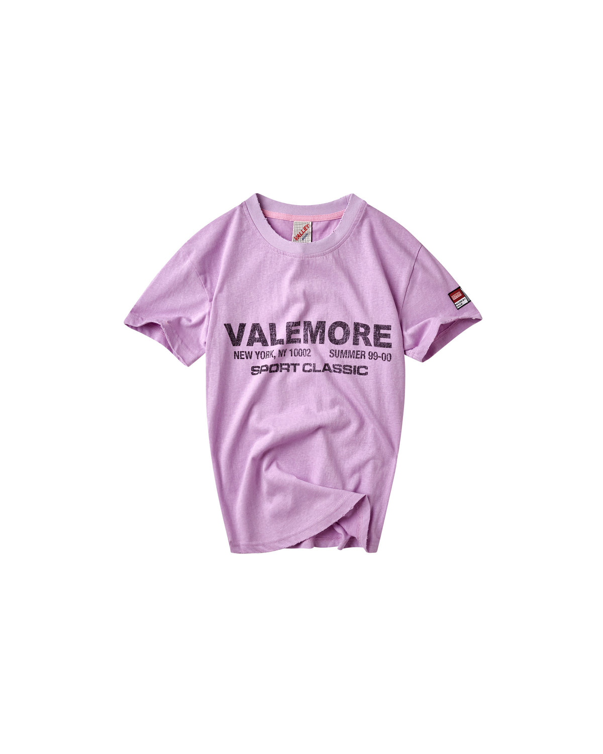 A light purple short-sleeve t-shirt with 'VALEMORE' printed in black across the chest, displayed flat against a solid white background.