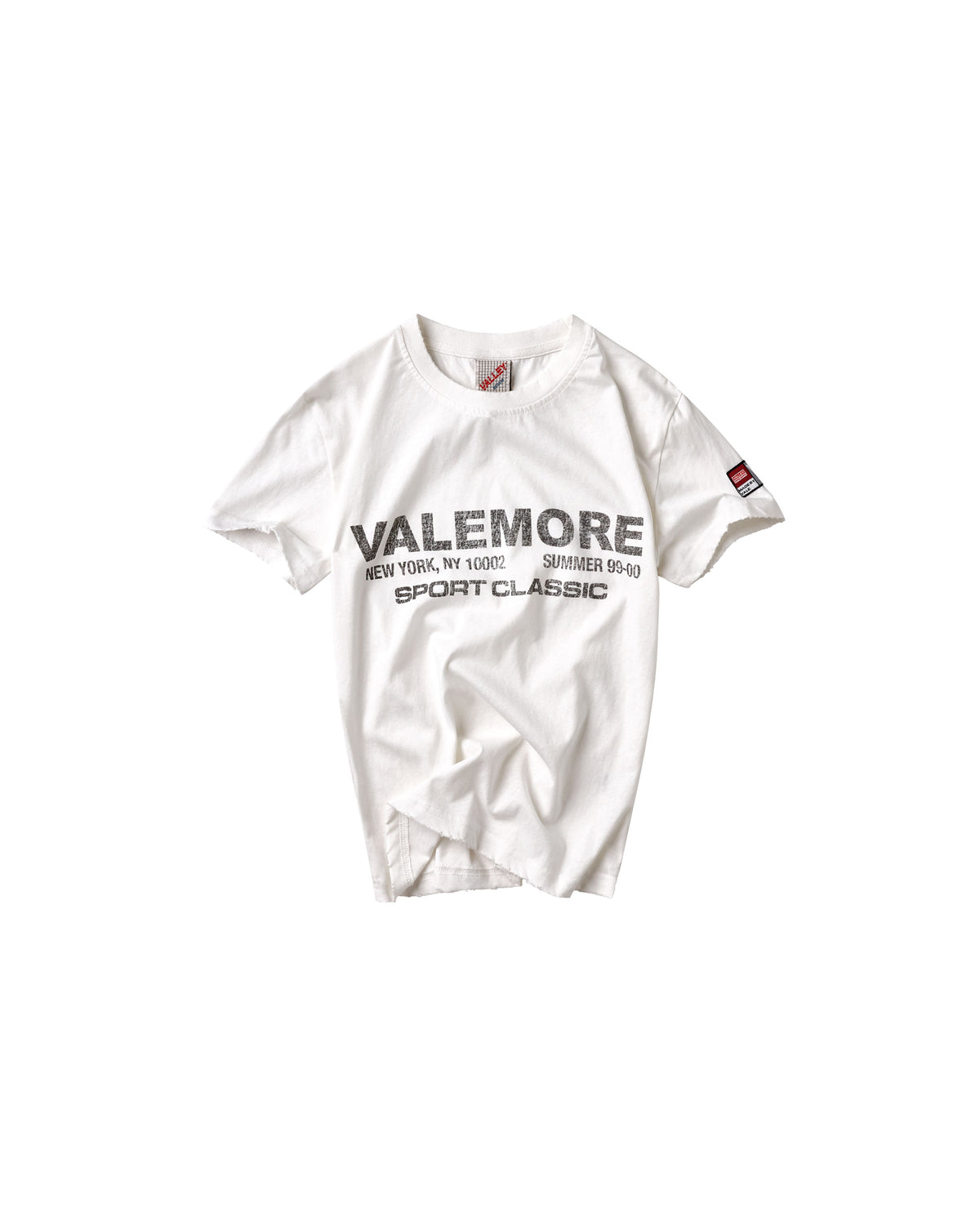 A white short-sleeve crewneck t-shirt with 'VALEMORE SPORT CLASSIC' printed in black across the chest, displayed flat against a solid white background.