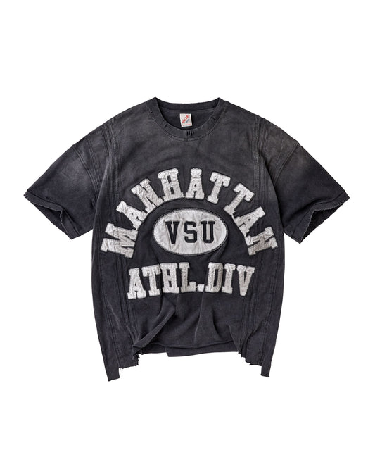 A faded black short-sleeve t-shirt with a distressed white graphic reading 'MANHATTAN VSU ATHL.DIV' on the front