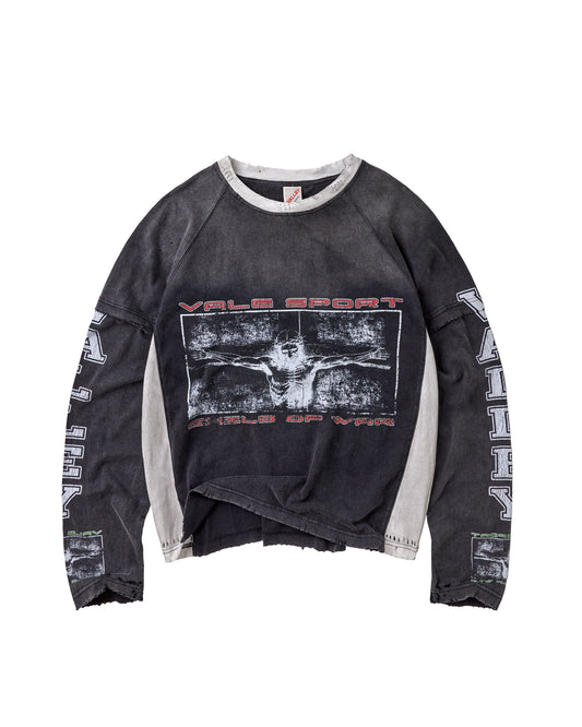 A washed black long-sleeve raglan sweatshirt featuring a distressed graphic print of a crucified figure on the front with 'VALE SPORT' and 'CHILD OF WAR' text, and white graphic lettering down the sleeves.